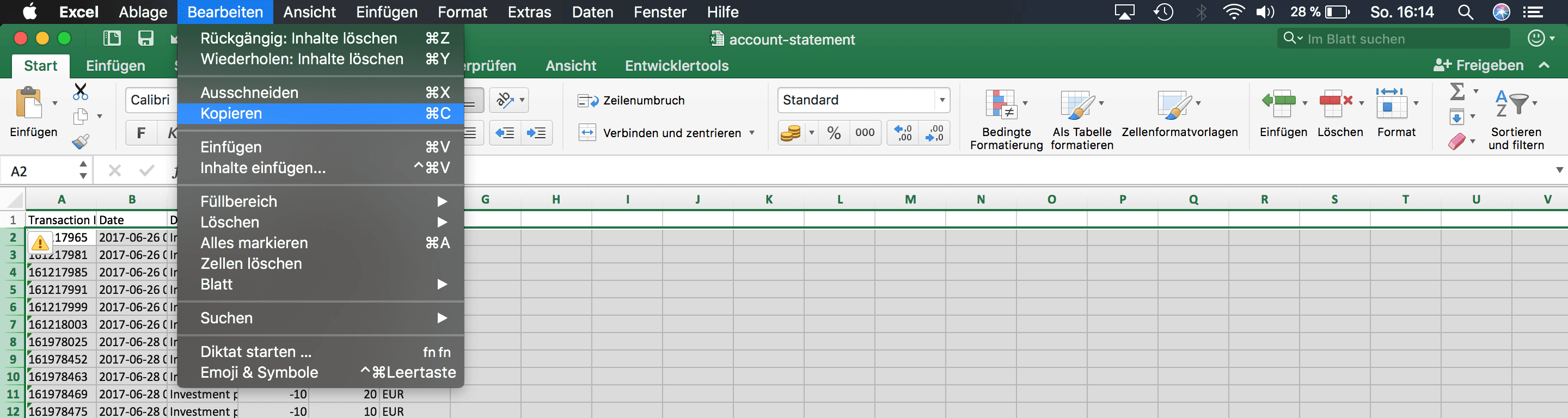 Kontoauszugsdaten ab der 2. Zeile Mintos in dieses Excel-Sheet kopieren