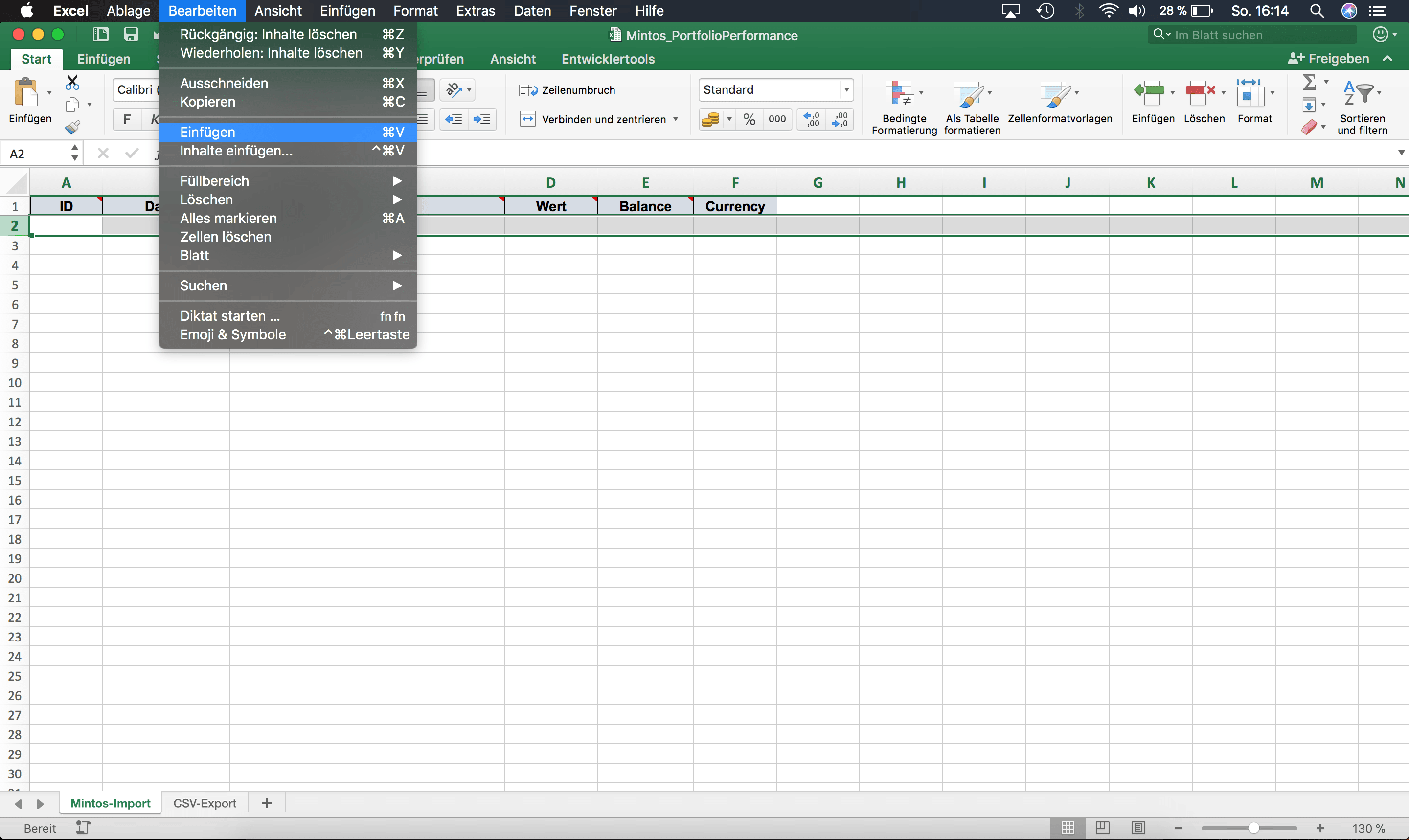 Kontoauszugsdaten ab der 2. Zeile Mintos in dieses Excel-Sheet kopieren
